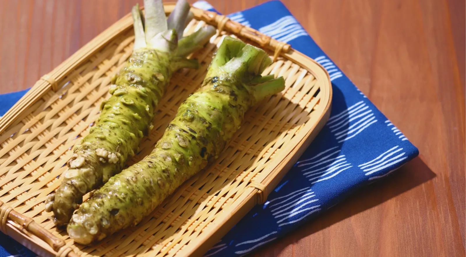 Freshly harvested wasabi root on a bamboo tray